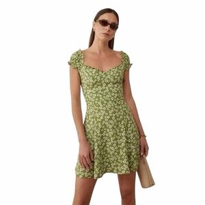 REFORMATION Pacey Mini Dress Green Fennel Floral Puff Sleeve Smocked